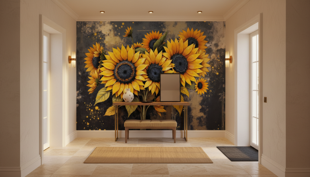 Papier Peint Artistique Tournesols Dorés Vintage sur Fond Texturé - Entrée