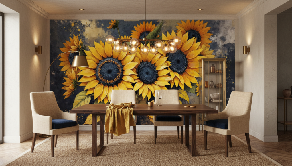 Papier Peint Artistique Tournesols Dorés Vintage sur Fond Texturé - Salle à manger