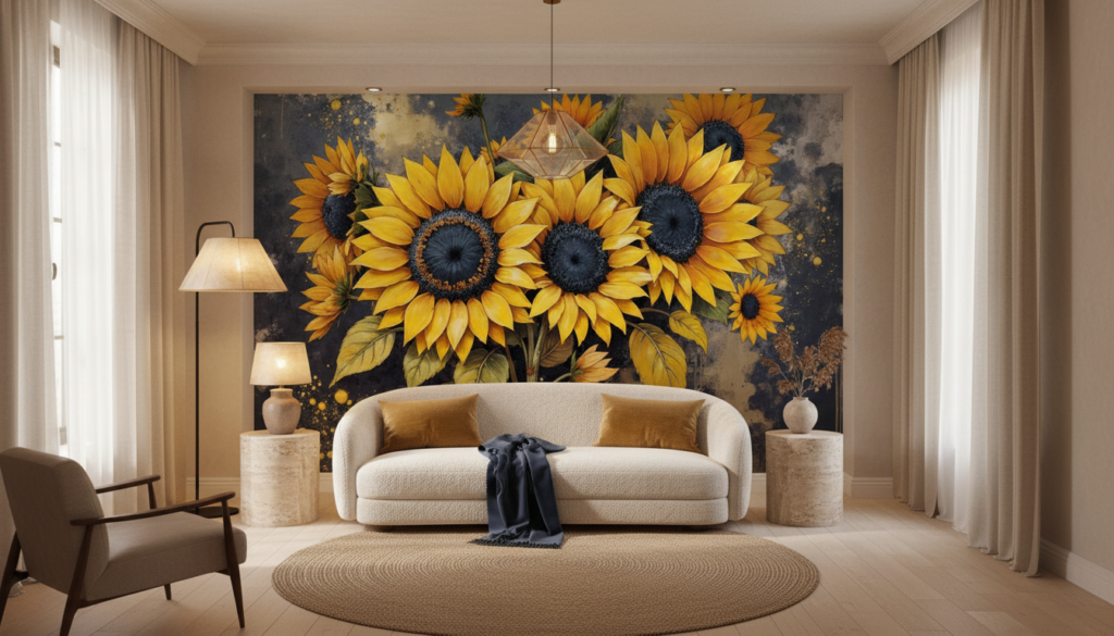 Papier Peint Artistique Tournesols Dorés Vintage sur Fond Texturé - Salon / Séjour
