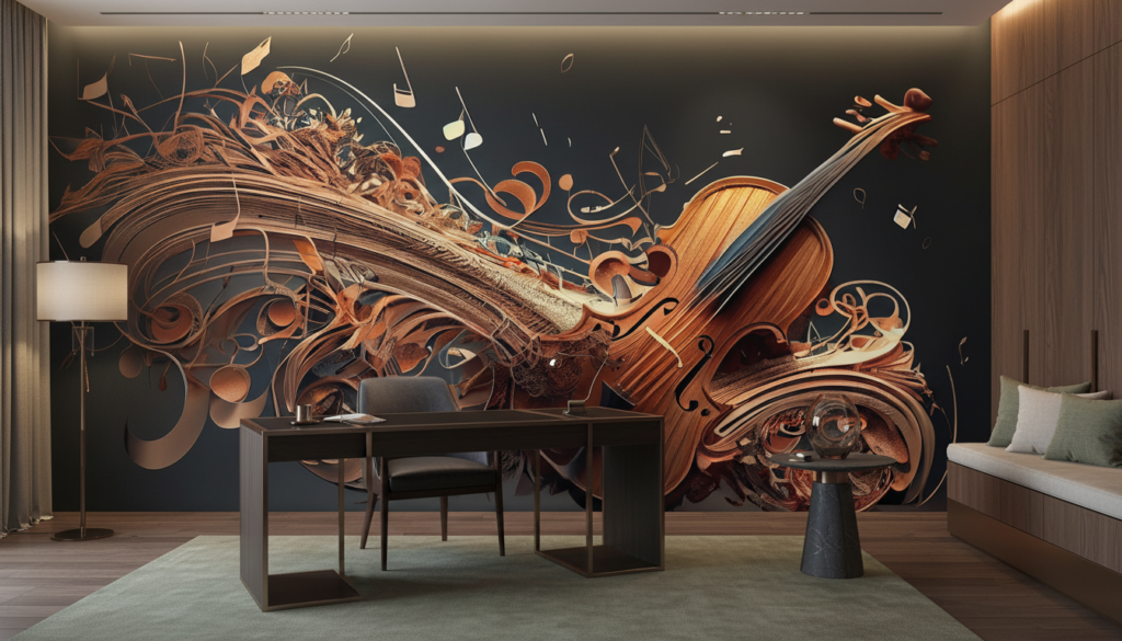Papier Peint Artistique Violon en Bois Sculptural avec Ornements Floraux - Bureau
