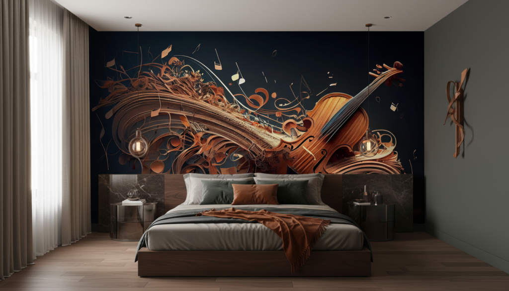 Papier Peint Artistique Violon en Bois Sculptural avec Ornements Floraux - Chambre adulte