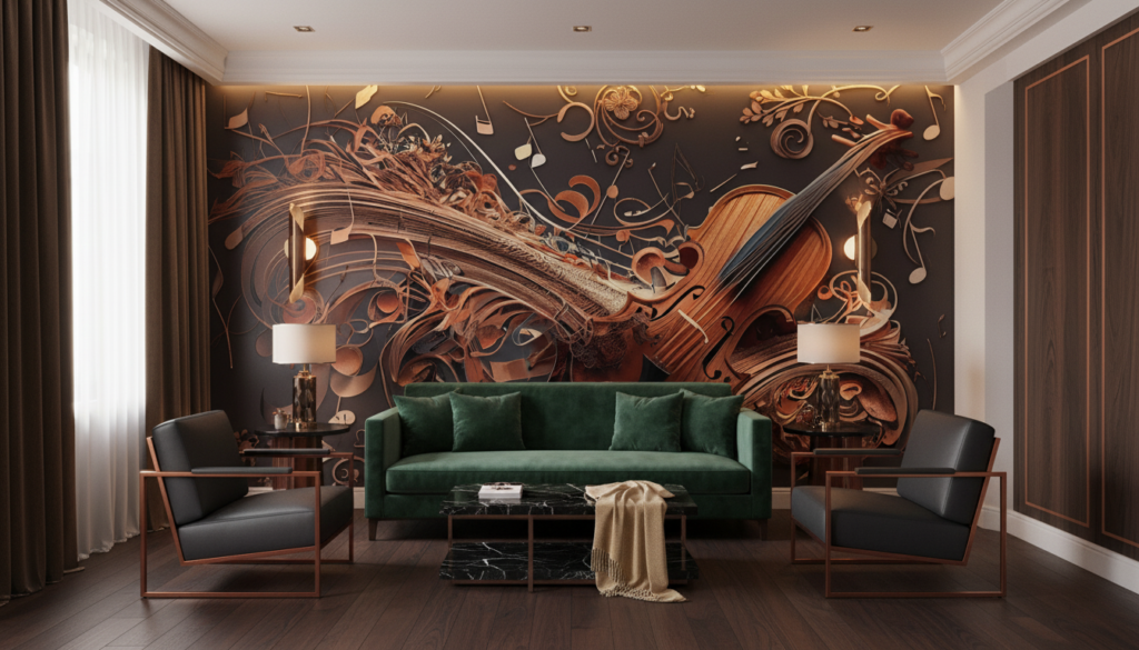 Papier Peint Artistique Violon en Bois Sculptural avec Ornements Floraux - Hôtel