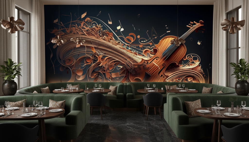 Papier Peint Artistique Violon en Bois Sculptural avec Ornements Floraux - Restaurant