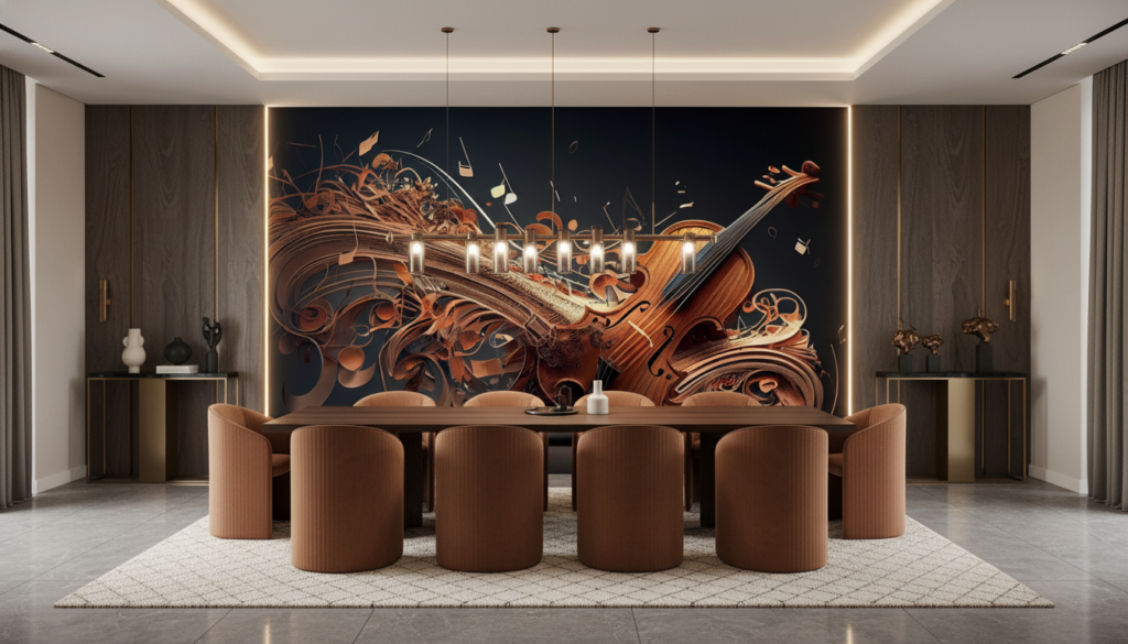 Papier Peint Artistique Violon en Bois Sculptural avec Ornements Floraux - Salle à manger