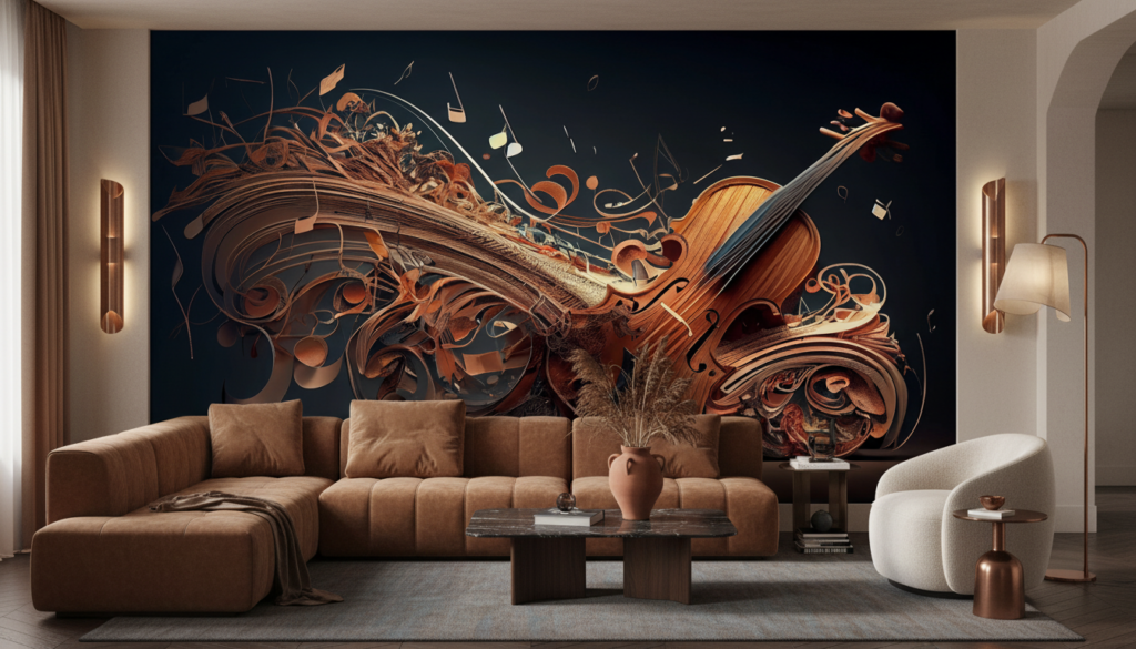 Papier Peint Artistique Violon en Bois Sculptural avec Ornements Floraux - Salon / Séjour