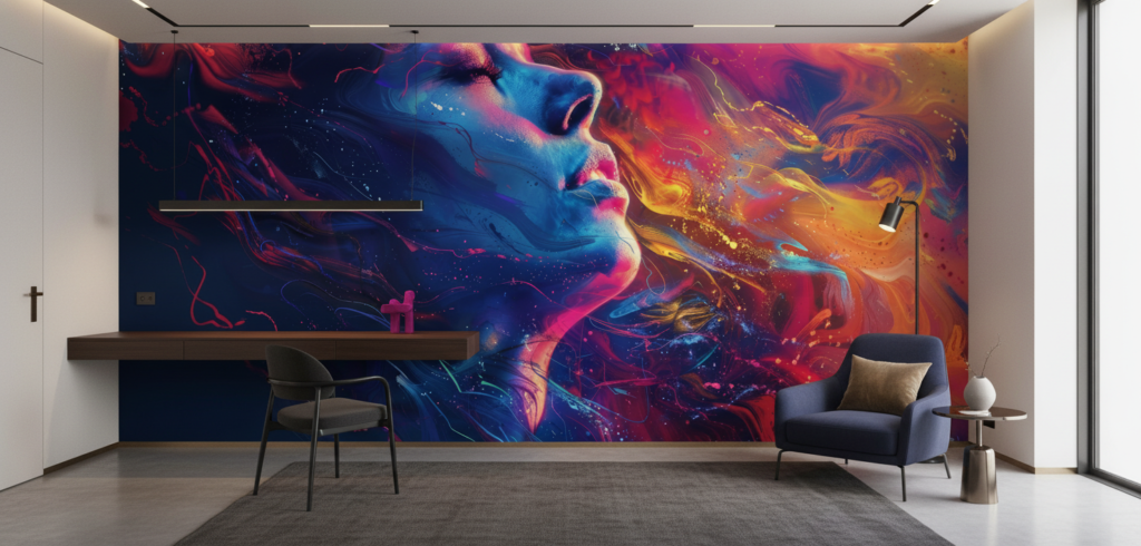 Papier peint artistique visage cosmique aux couleurs vibrantes galactiques - Bureau