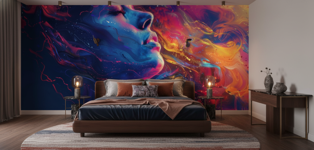 Papier peint artistique visage cosmique aux couleurs vibrantes galactiques - Chambre adulte