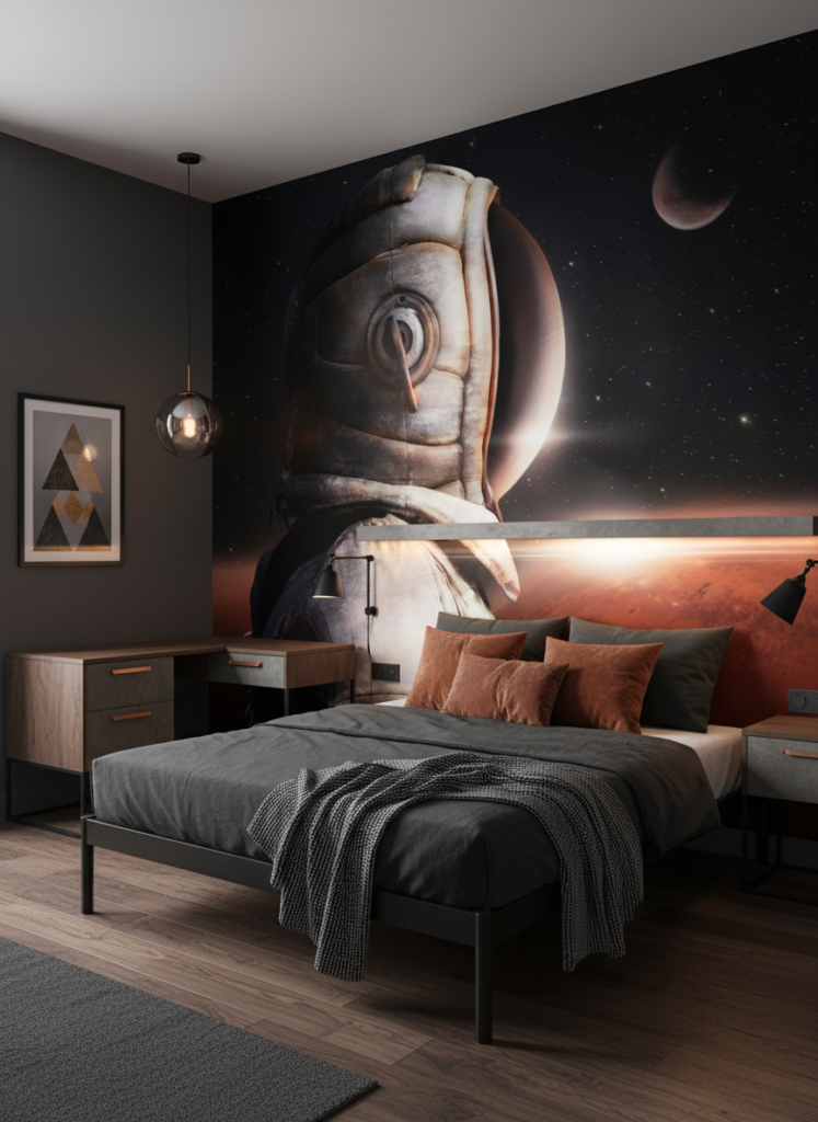 Papier Peint Astronaute dans l'Espace Planètes Rougeoyantes Cosmos - Chambre ado