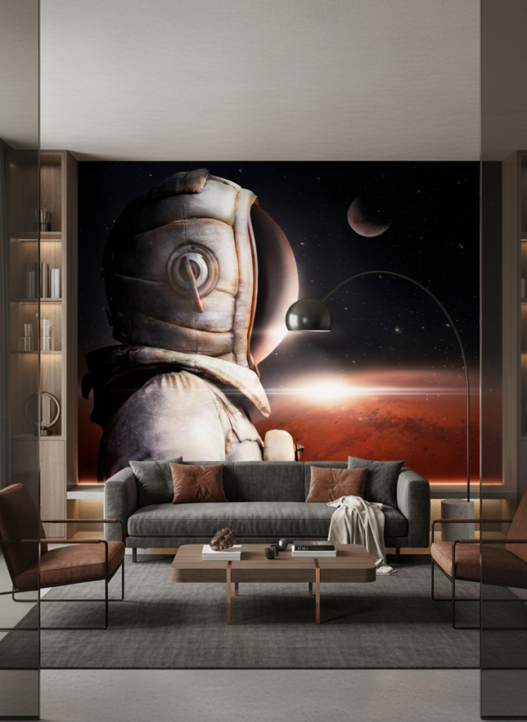 Papier Peint Astronaute dans l'Espace Planètes Rougeoyantes Cosmos - Salon / Séjour