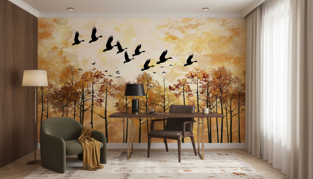 Papier peint automnal avec oiseaux migrateurs et forêt dorée - Bureau