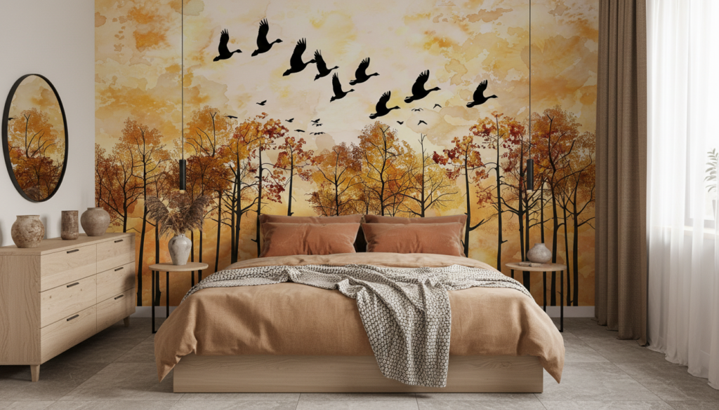 Papier peint automnal avec oiseaux migrateurs et forêt dorée - Chambre adulte