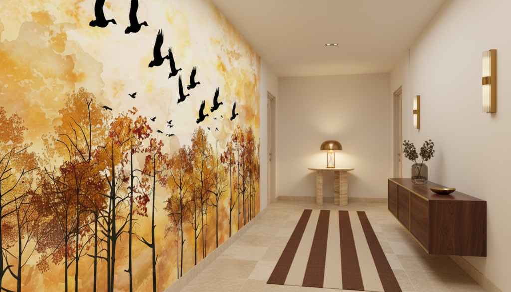 Papier peint automnal avec oiseaux migrateurs et forêt dorée - Couloir