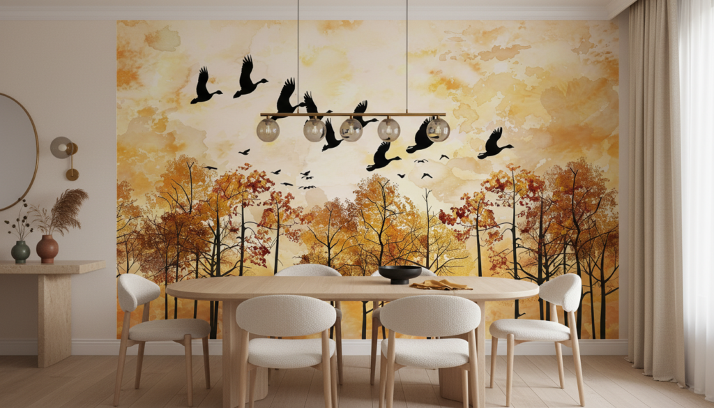 Papier peint automnal avec oiseaux migrateurs et forêt dorée - Salle à manger