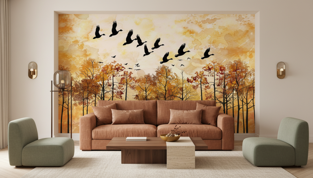 Papier peint automnal avec oiseaux migrateurs et forêt dorée - Salon / Séjour