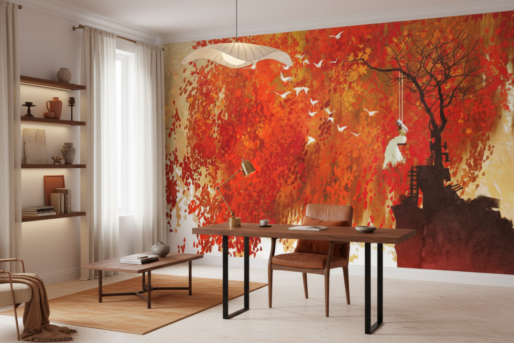 Papier Peint Automnal Poétique avec Arbre et Oiseaux Migrateurs - Bureau
