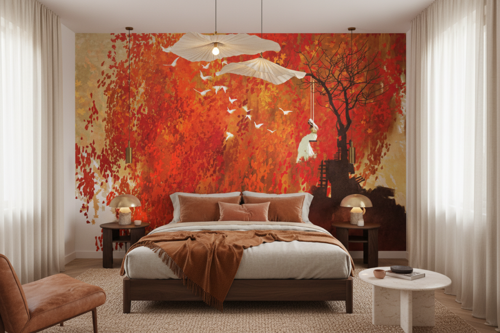 Papier Peint Automnal Poétique avec Arbre et Oiseaux Migrateurs - Chambre adulte