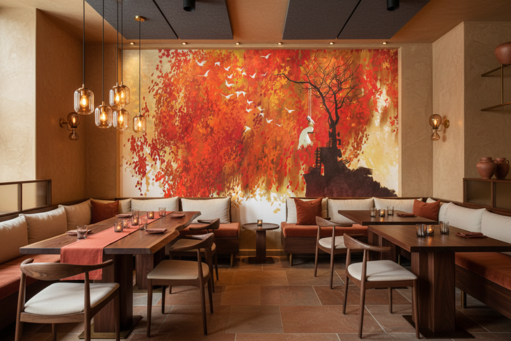 Papier Peint Automnal Poétique avec Arbre et Oiseaux Migrateurs - Restaurant