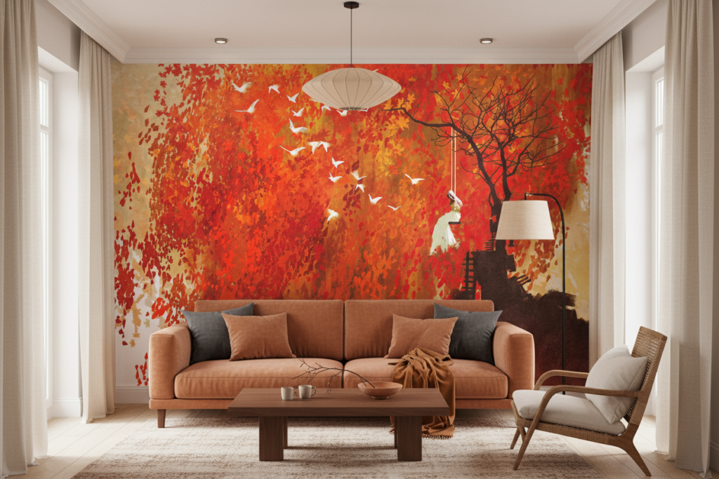 Papier Peint Automnal Poétique avec Arbre et Oiseaux Migrateurs - Salon / Séjour