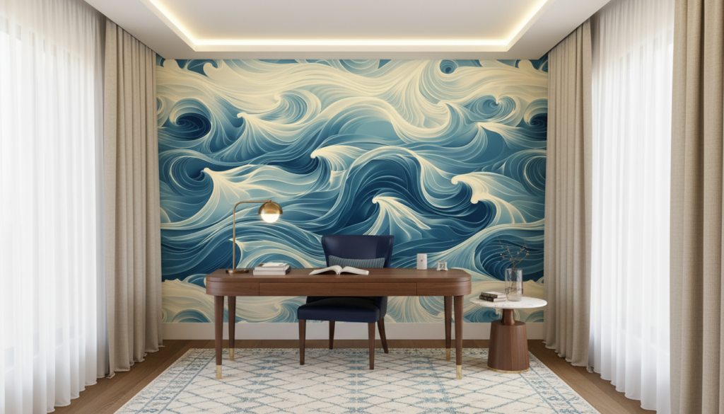 Papier peint aux vagues fluides bleu océan et crème artistique - Bureau