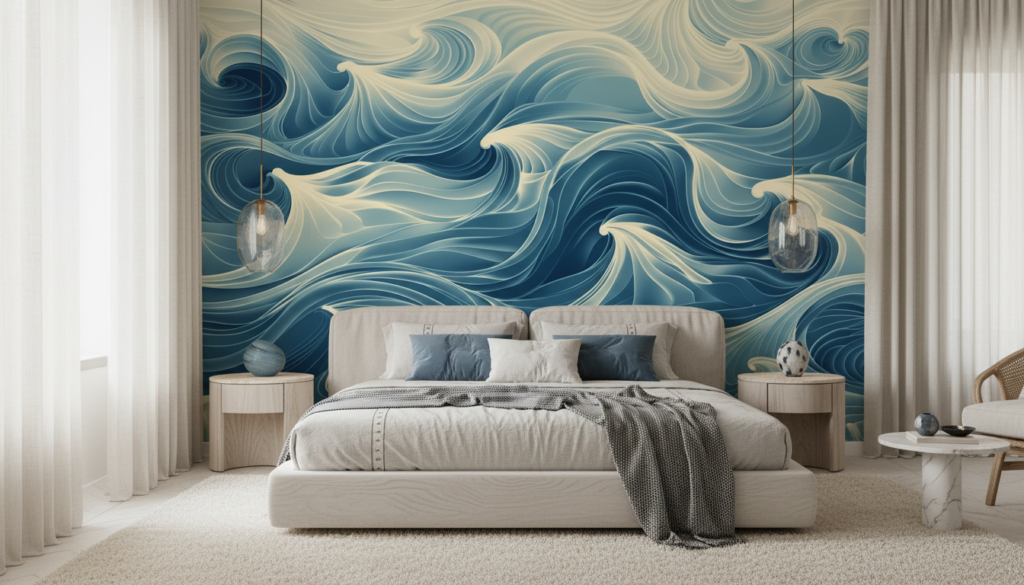 Papier peint aux vagues fluides bleu océan et crème artistique - Chambre adulte