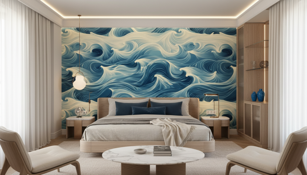 Papier peint aux vagues fluides bleu océan et crème artistique - Hôtel
