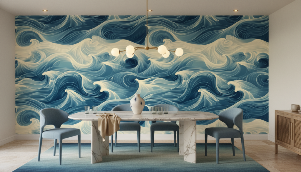 Papier peint aux vagues fluides bleu océan et crème artistique - Salle à manger