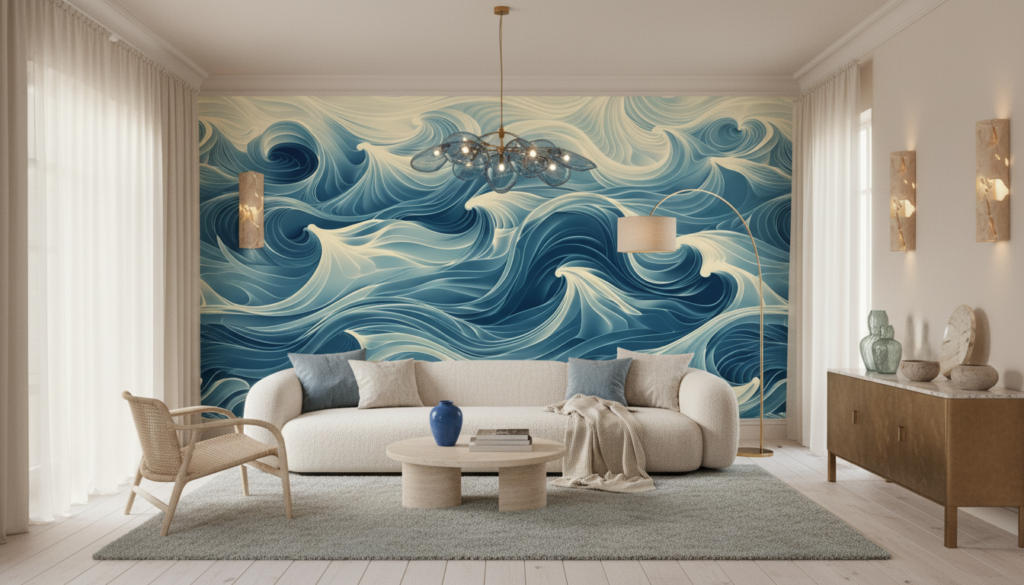 Papier peint aux vagues fluides bleu océan et crème artistique - Salon / Séjour