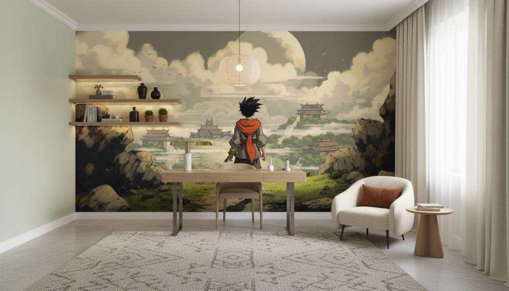 Papier Peint Aventurier Manga dans Paysage Asiatique Mystique - Bureau