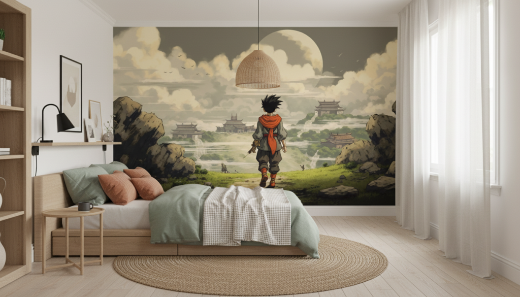 Papier Peint Aventurier Manga dans Paysage Asiatique Mystique - Chambre ado