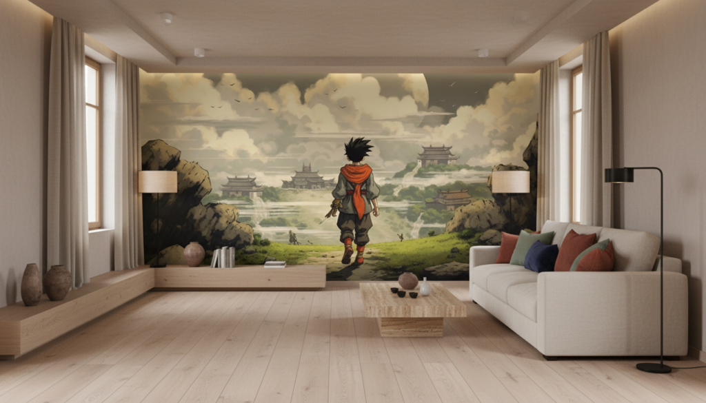Papier Peint Aventurier Manga dans Paysage Asiatique Mystique - Salon / Séjour