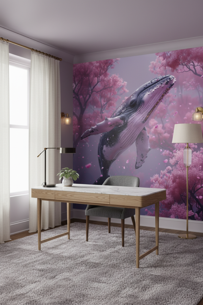 Papier Peint Baleine Majestueuse dans Forêt Rose Féerique - Bureau