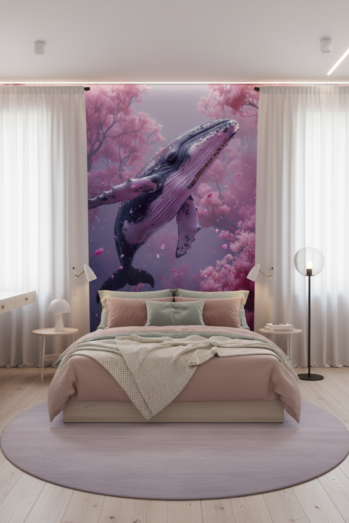 Papier Peint Baleine Majestueuse dans Forêt Rose Féerique - Chambre ado