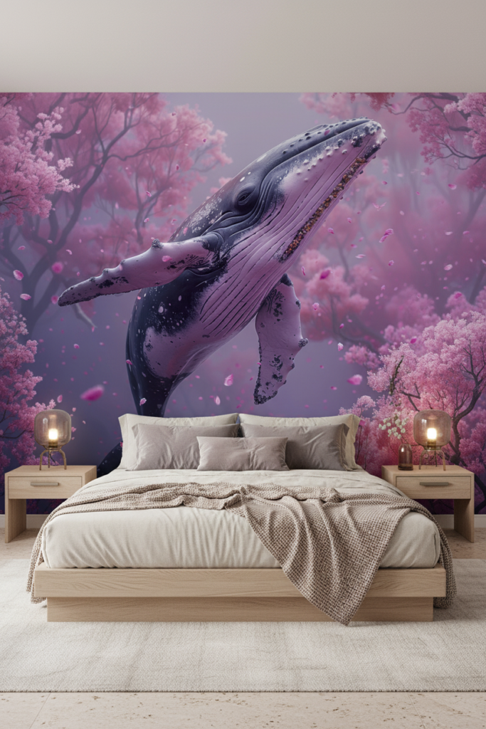Papier Peint Baleine Majestueuse dans Forêt Rose Féerique - Chambre adulte