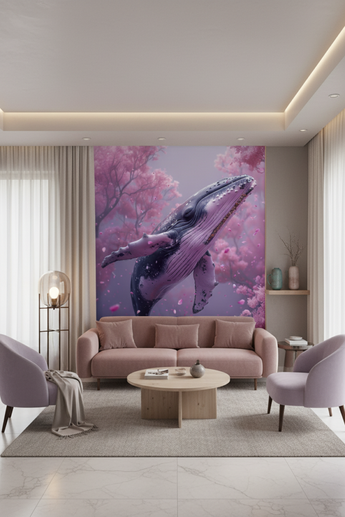 Papier Peint Baleine Majestueuse dans Forêt Rose Féerique - Salon / Séjour
