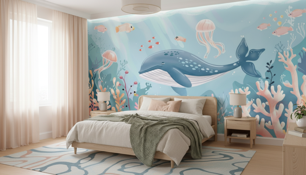 Papier peint baleine océan corail poissons ambiance aquatique douce - Chambre ado