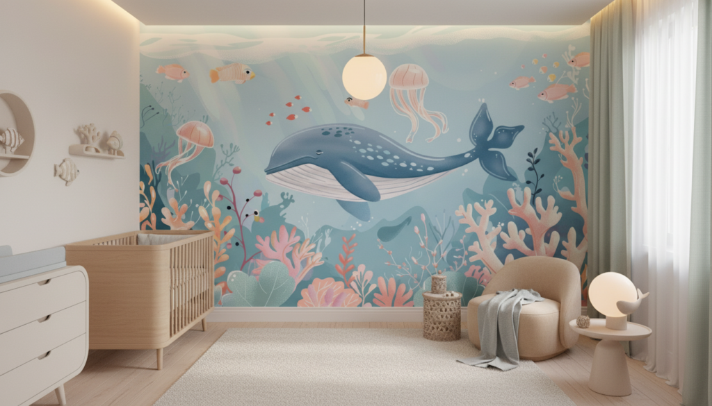 Papier peint baleine océan corail poissons ambiance aquatique douce - Chambre bébé