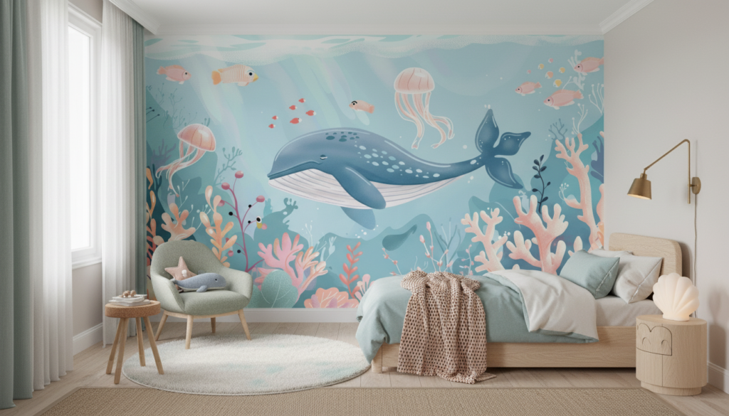 Papier peint baleine océan corail poissons ambiance aquatique douce - Chambre enfant