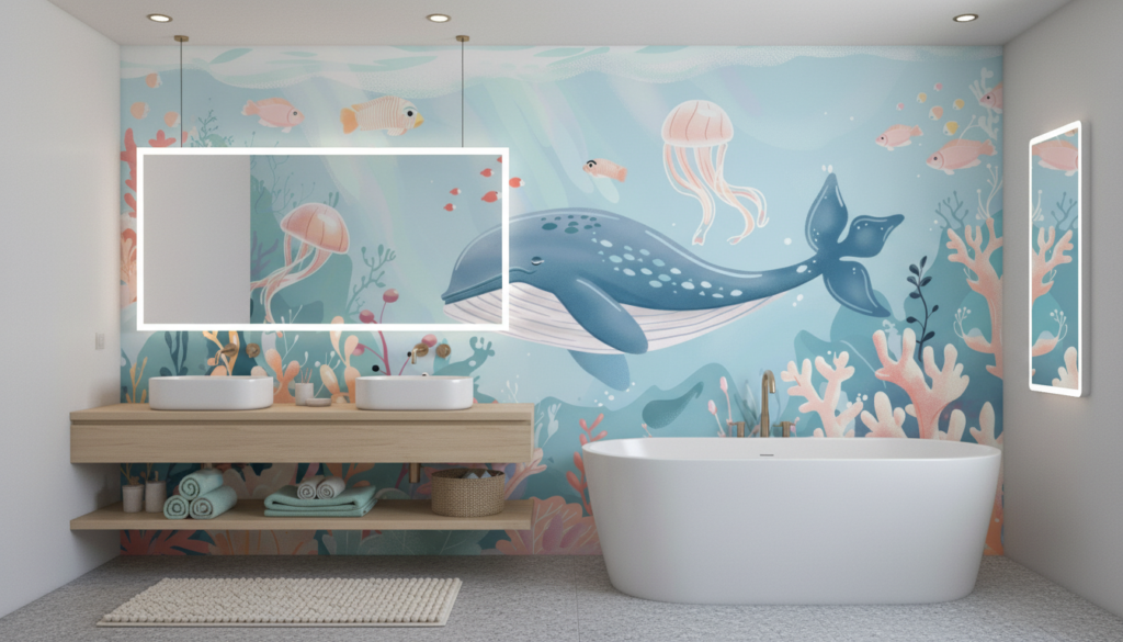 Papier peint baleine océan corail poissons ambiance aquatique douce - Salle de bain