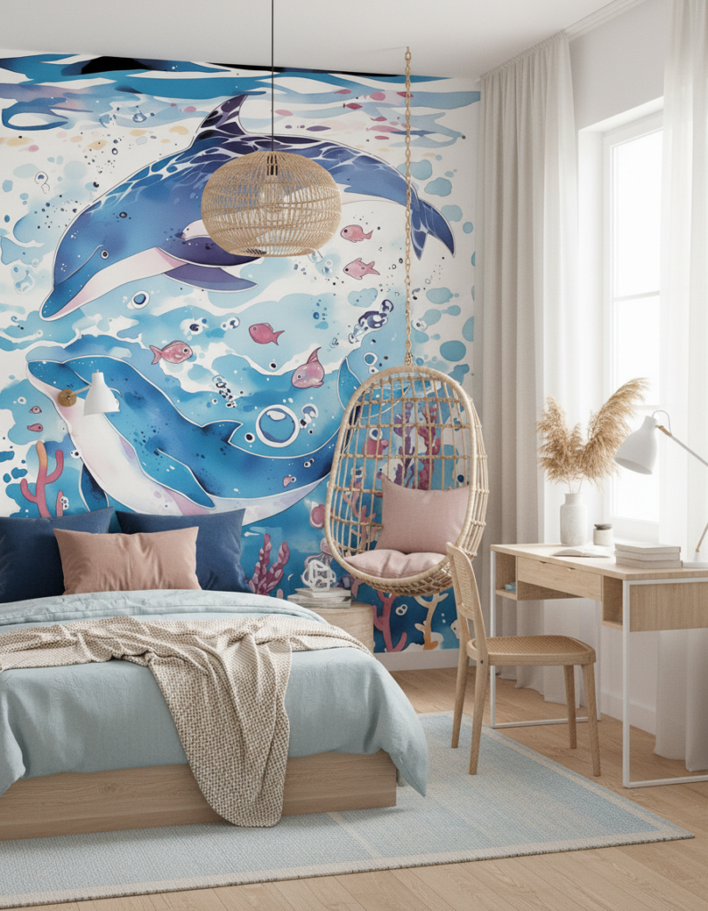 Papier Peint Baleines et Océan Fantaisie Aquarelle - Chambre ado