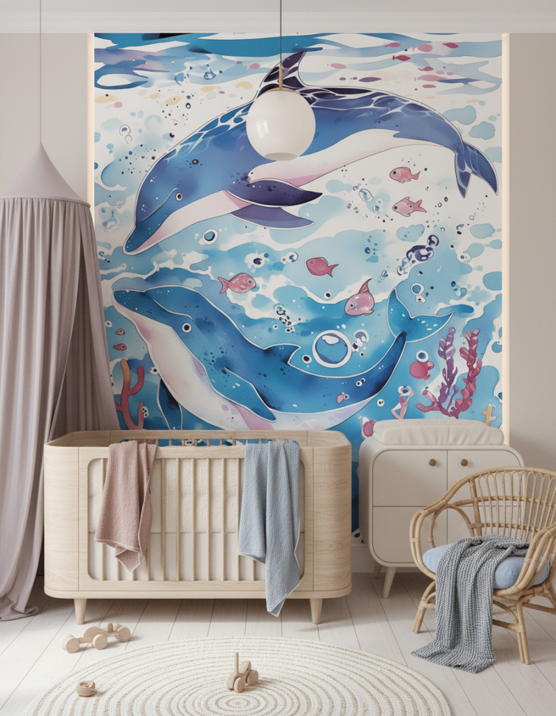 Papier Peint Baleines et Océan Fantaisie Aquarelle - Chambre bébé