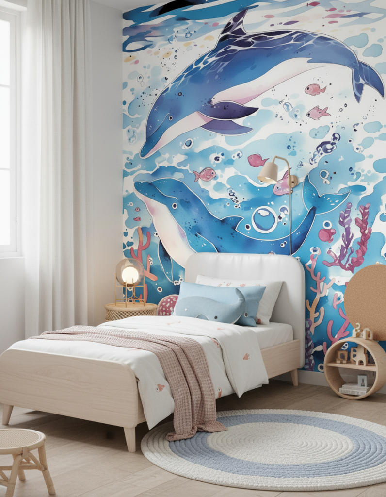 Papier Peint Baleines et Océan Fantaisie Aquarelle - Chambre enfant
