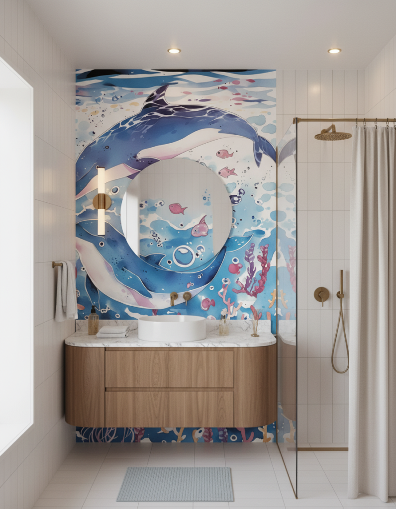 Papier Peint Baleines et Océan Fantaisie Aquarelle - Salle de bain