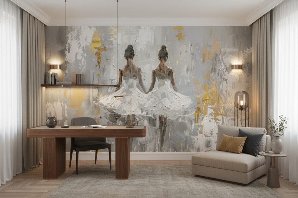 Papier Peint Ballerines Élégantes Abstrait Gris et Or - Bureau