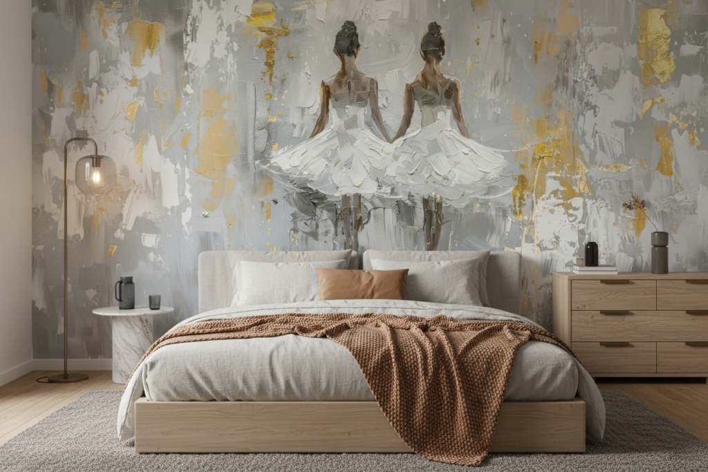 Papier Peint Ballerines Élégantes Abstrait Gris et Or - Chambre adulte