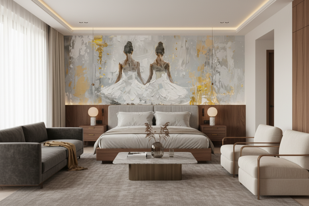 Papier Peint Ballerines Élégantes Abstrait Gris et Or - Hôtel