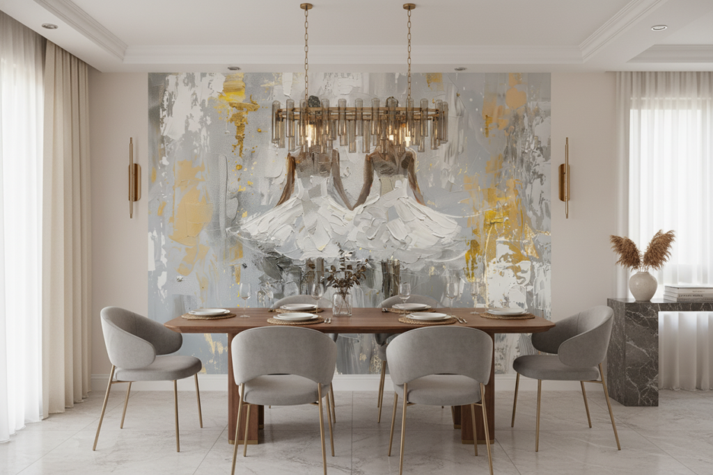 Papier Peint Ballerines Élégantes Abstrait Gris et Or - Salle à manger