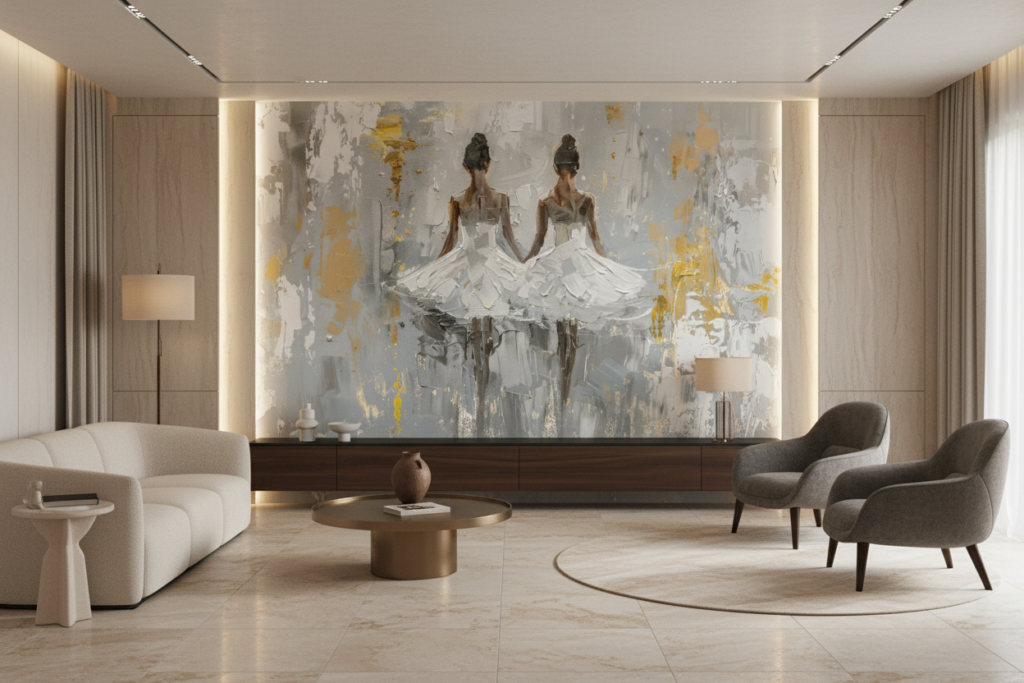 Papier Peint Ballerines Élégantes Abstrait Gris et Or - Salon / Séjour