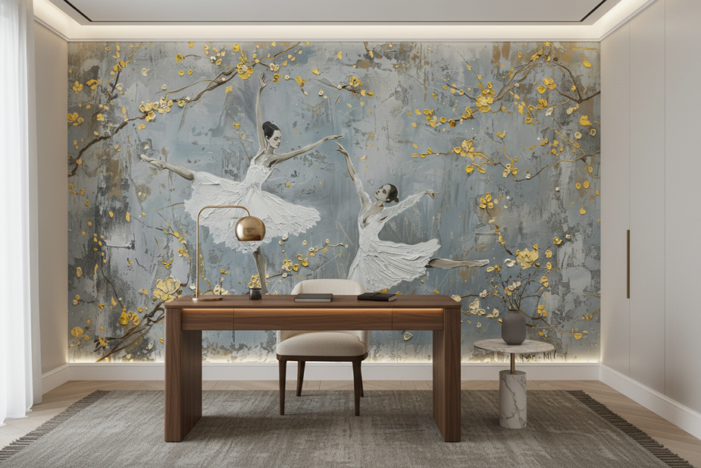 Papier peint ballerines élégantes branches dorées fond texturé gris bleu - Bureau