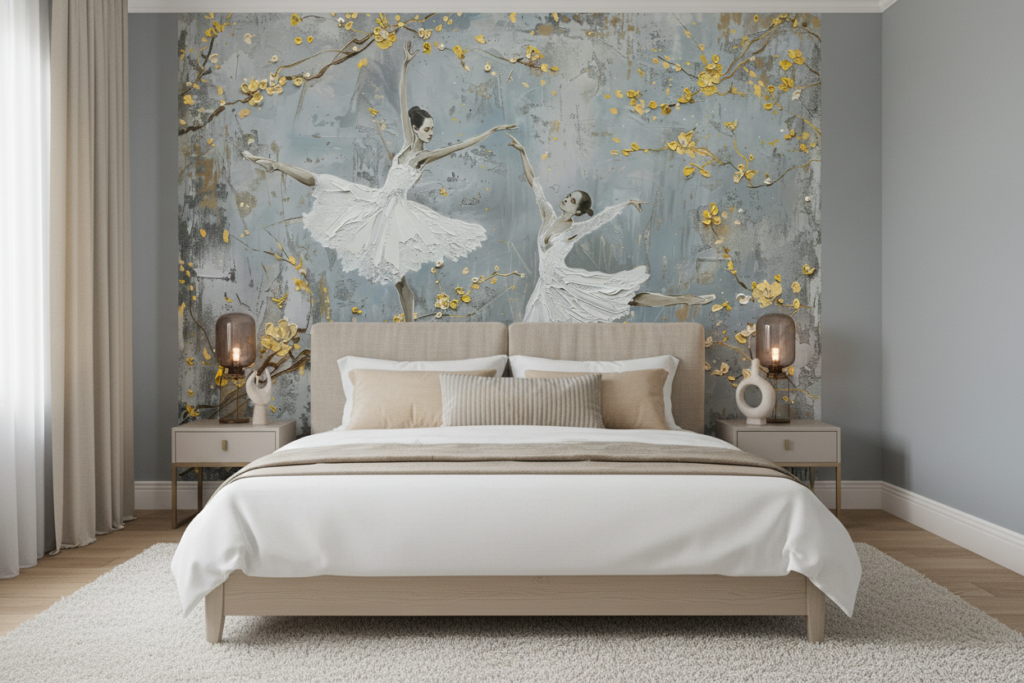 Papier peint ballerines élégantes branches dorées fond texturé gris bleu - Chambre adulte