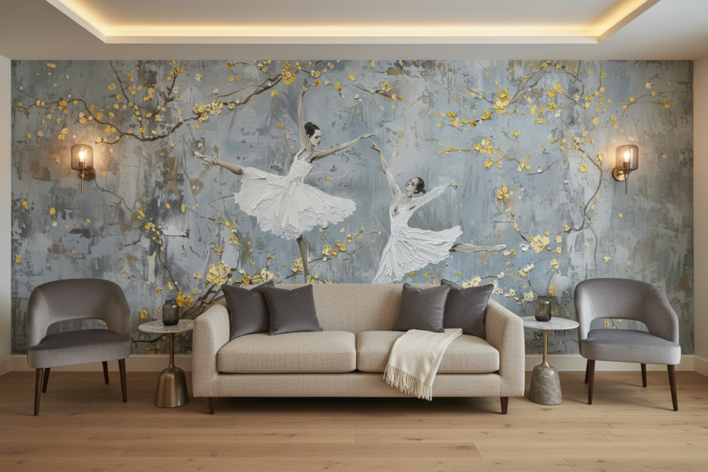 Papier peint ballerines élégantes branches dorées fond texturé gris bleu - Hôtel